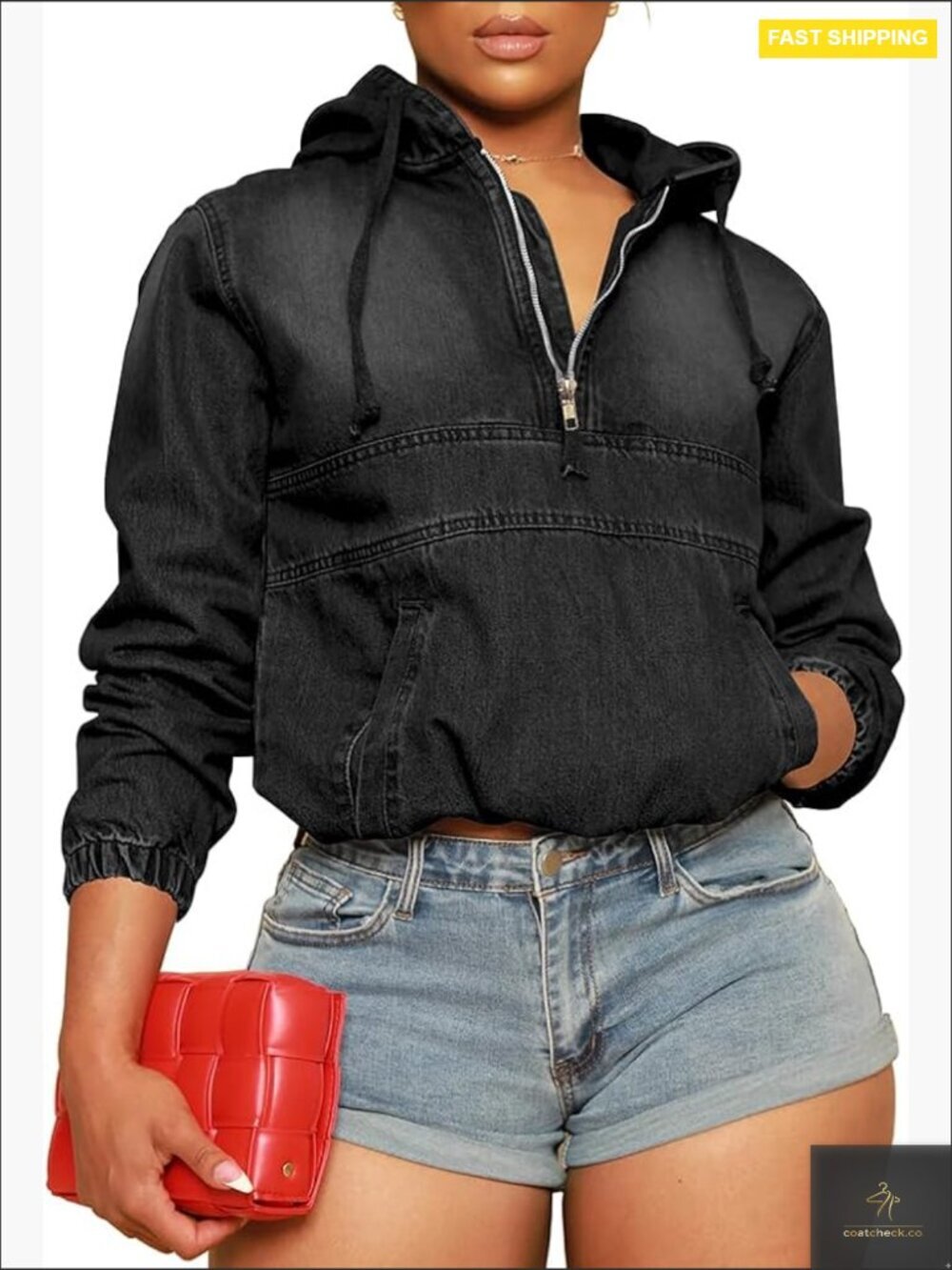 Half Zip Denim Hoodie Pullover Jacket Casual Sweatshirt Cotton Lightweight